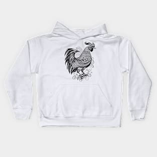 Black and White Rooster Tattoo Style Kids Hoodie